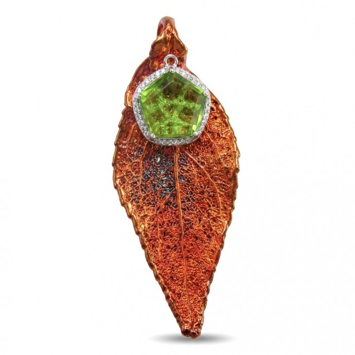Stylish REAL Leaf dipped in Rose Gold 11.5 carat Garnet .925 Sterling Silver Pendant