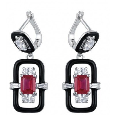 Art Deco - 4.5 carat Ruby enamel .925 Sterling Silver handcrafted incredible earrings