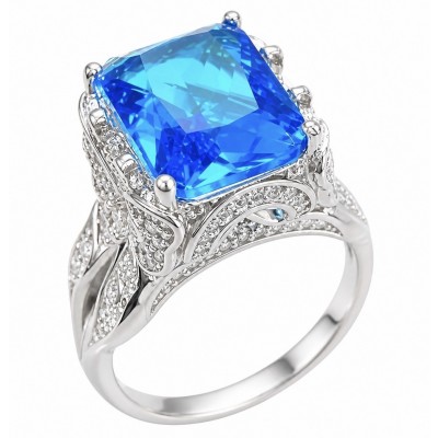 Blue OCEAN 14.3 carat Swiss Blue Topaz .925 Sterling Silver dipped in rhodium handcrafted ring size 8 1/4