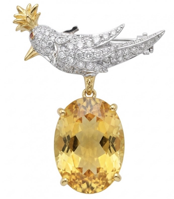 Bird on a Rock - Iconic design- Genuine 28.5 carat yellow Sapphire 18K Gold over .925 Sterling Silver handmade Pendant - Brooch