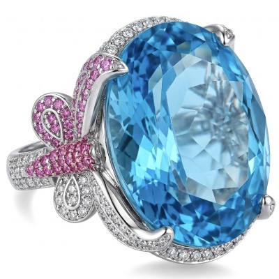 Pacifica - Authentic 30.8 carat Swiss Blue Topaz Rhodium over .925 Sterling Silver handcrafted Large Statement ring size 6