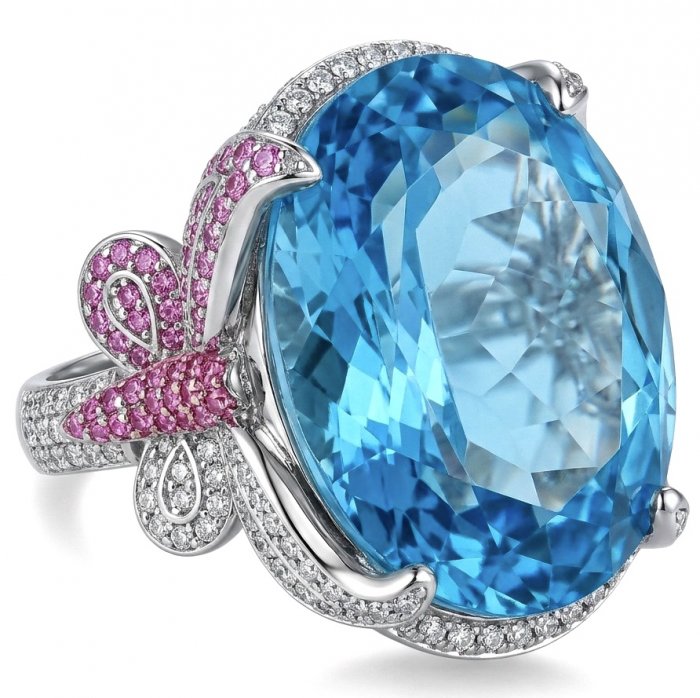 Pacifica - Authentic 30.8 carat Swiss Blue Topaz Rhodium over .925 Sterling Silver handcrafted Large Statement ring size 6 - video
