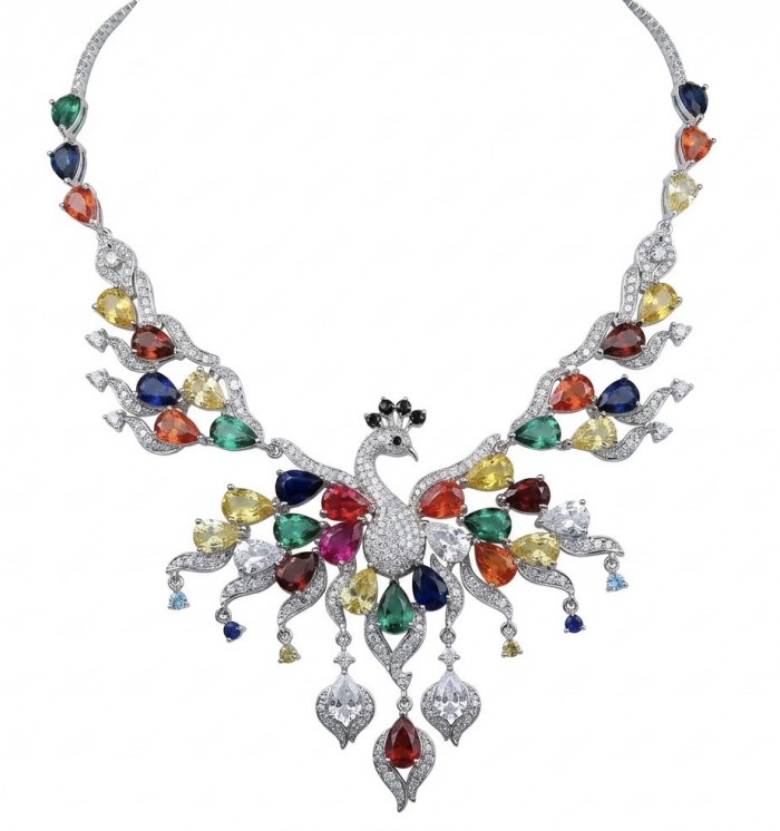 55.2 carat Graceful Swan Natural multicolot Topaz .925 Sterling Silver handcrafted Statement necklace