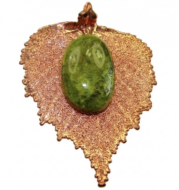 REAL Leaf dipped in copper 30.2 green Tourmaline stone & .925 Sterling Silver Pendant