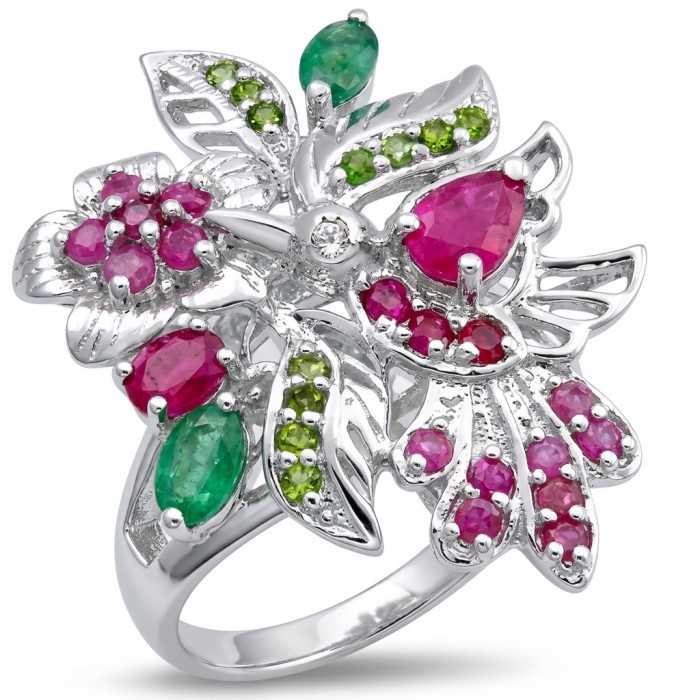Blooming Garden 9.8 carat Mozambique Ruby Emerald rhodium over .925 Sterling Silver handmade Statement Ring size 9