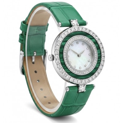 Precious 18.5 carat Authentic INLAY Malachite Genuine Leather strap .925 Sterling Silver handmade Watch