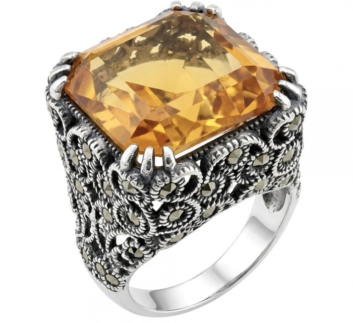 Serenity Natural 29.4 carat GOLDEN Topaz Marcasite .925 Sterling Silver handmade Large Statement Ring size 8