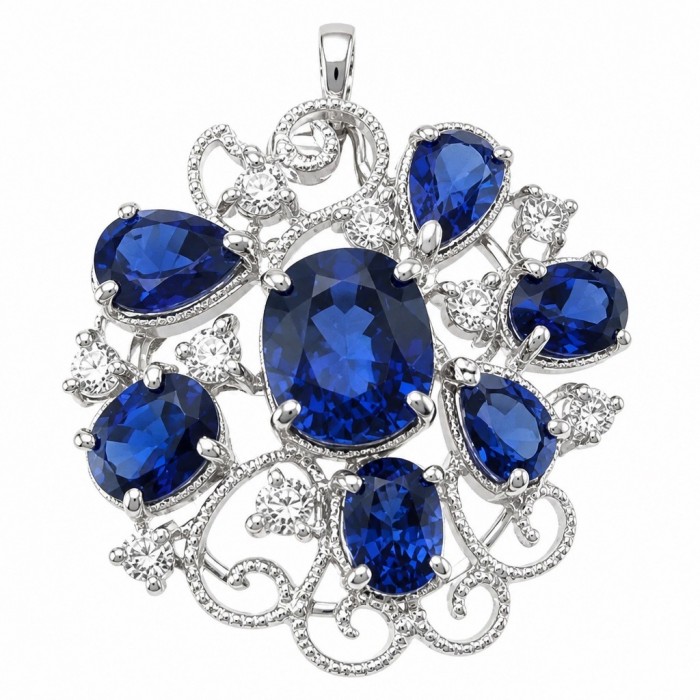 Julietta 24.5 carat Sapphire .925 Sterling Silver dipped in rhodium handmade Pendant Brooch