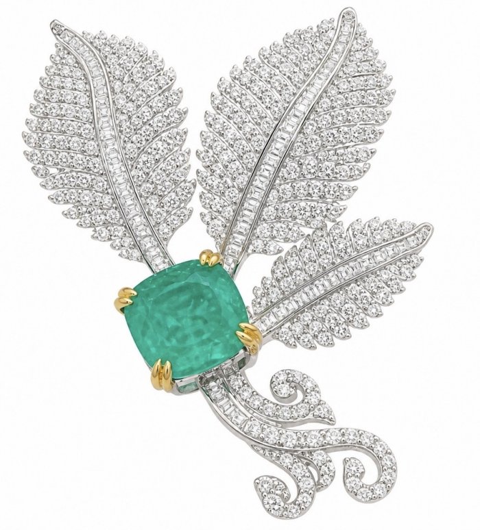 Wearable Art - Black Label Collection - Retro Style - Genuine assher cut 6.5 carat Colombian Emerald 2 tones .925 Sterling Silver handmade Brooch - video