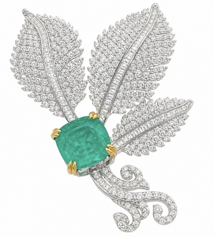 Wearable Art - Black Label Collection - Retro Style - Genuine assher cut 6.5 carat Colombian Emerald 2 tones .925 Sterling Silver handmade Brooch
