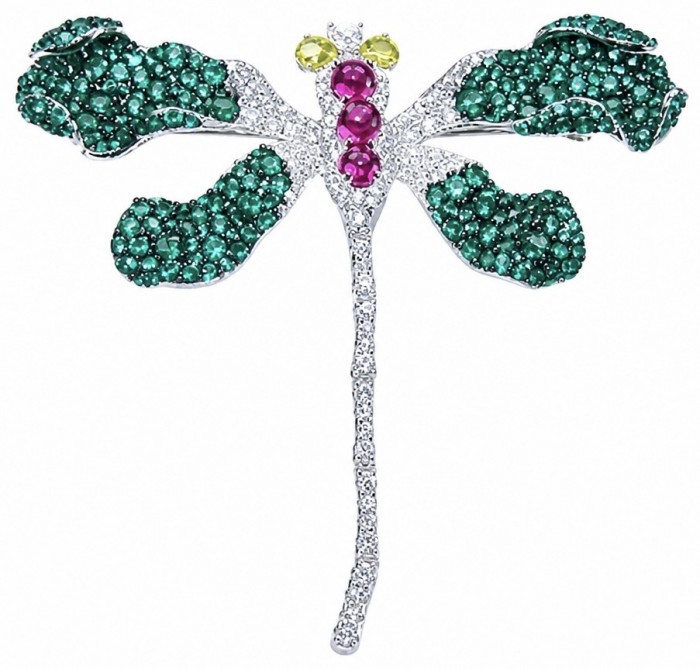 Precious Dragonfly 9.2 carat pave Colombian Emerald rhodium over .925 Sterling Silver handcrafted Brooch Pendant