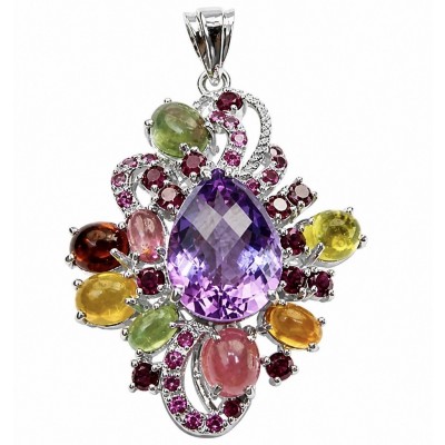Divine Protection 25.8 carat Precious Multigem .925 Sterling Silver dipped in rhodium Pendant