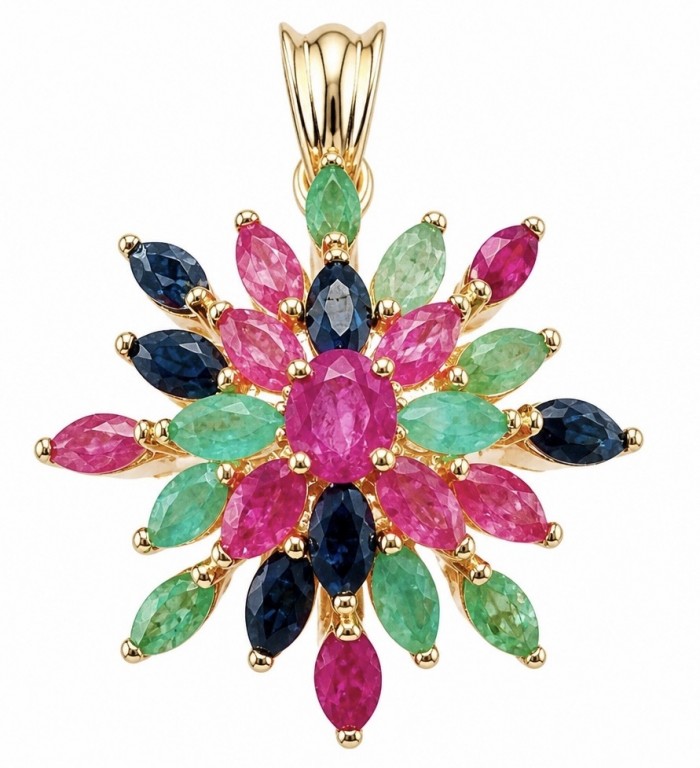 Charming Beauty 18.4 ctw Ruby Emerald Sapphire 18K Gold over .925 Sterling Silver handcrafted Statement pendant