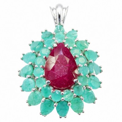Rose Garden - authentic 10.5 carat Ruby Emerald rhodium over .925 Sterling Silver handcrafted Pendant