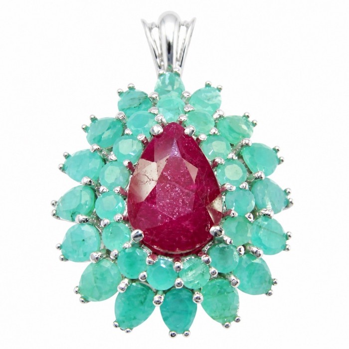 Rose Garden - authentic 10.5 carat Ruby Emerald rhodium over .925 Sterling Silver handcrafted Pendant