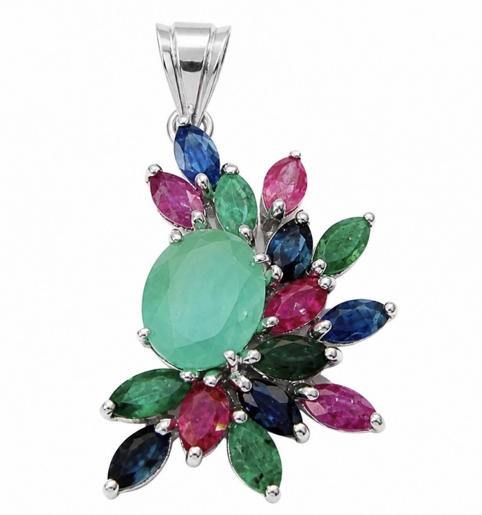 Charming Beauty 18.4 ctw Ruby Emerald Sapphire .925 Sterling Silver handcrafted Statement pendant