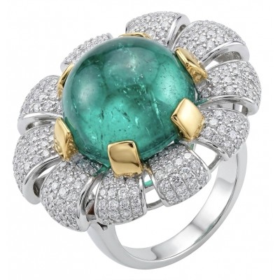 Red Flower Natural 14.2 carat Colombian Emerald .925 Sterling Silver dipped rhodium handmade two tones Statement Ring size 8