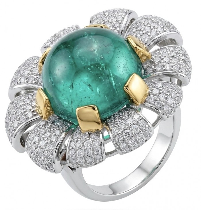 Red Flower Natural 14.2 carat Colombian Emerald .925 Sterling Silver dipped rhodium handmade two tones Statement Ring size 8