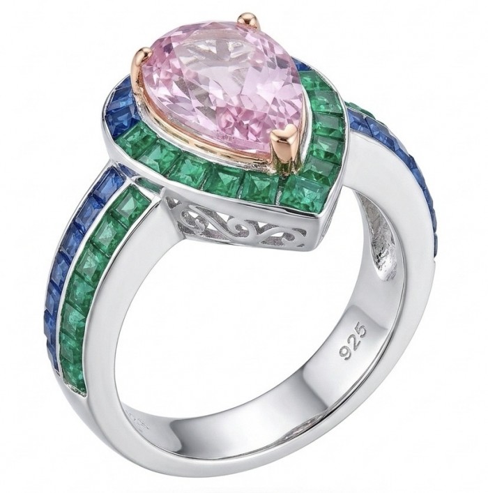 Emily - Art Deco - Precious genuine 9.8 carat Kunzite rhodium over .925 Sterling Silver handcrafted ring size 7
