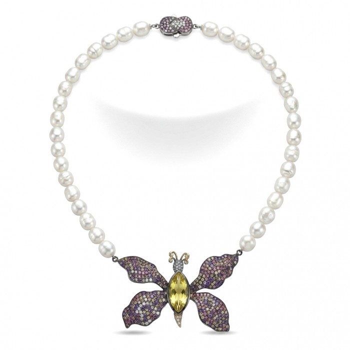 Incredible Butterfly 15.8 Lemon Quarzt Freshwater Pearl 18K Gold over .925 Sterling Silver handmade Large Statement Necklace