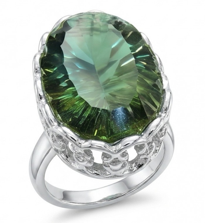 Exotic Beauty oval cut 17.5 carat Helenite .925 Sterling Silver handmade Ring s. 8 1/4