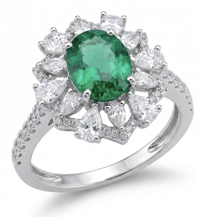 Elizabeth oval cut 4.8 carat Colombian Emerald 5.3 carat Moissanite .925 Sterling Silver dipped in Rhodium handcrafted Ring size 8 1/4