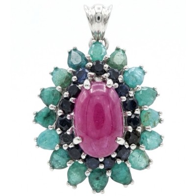 Rose Garden - authentic 25.5 carat Ruby Emerald rhodium over .925 Sterling Silver handcrafted Pendant