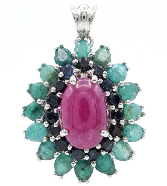 Rose Garden - authentic 25.5 carat Ruby Emerald rhodium over .925 Sterling Silver handcrafted Pendant