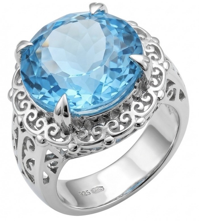 Poseidon 18.8 carat Swiss Blue Topaz .925 Sterling Silver dipped in rhodium handcrafted Large ring size 8 1/4