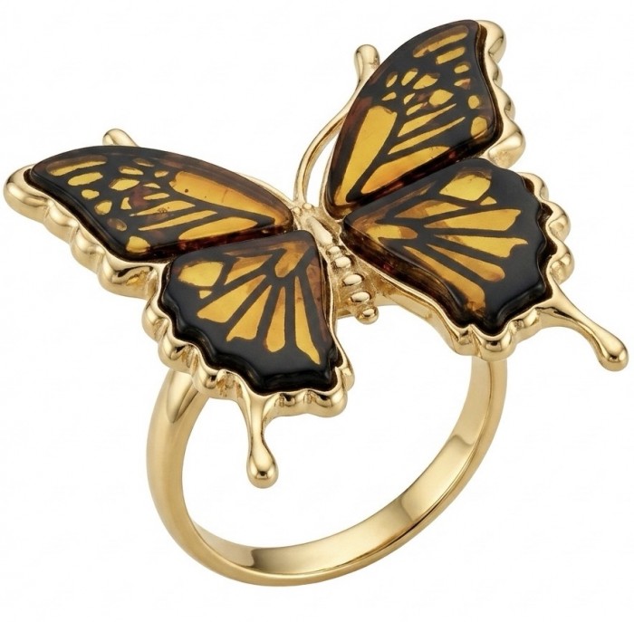 Butterfly Authentic Baltic Amber .925 Sterling Silver dipped in 18K Gold handcrafted ring; s. 7 adjustable