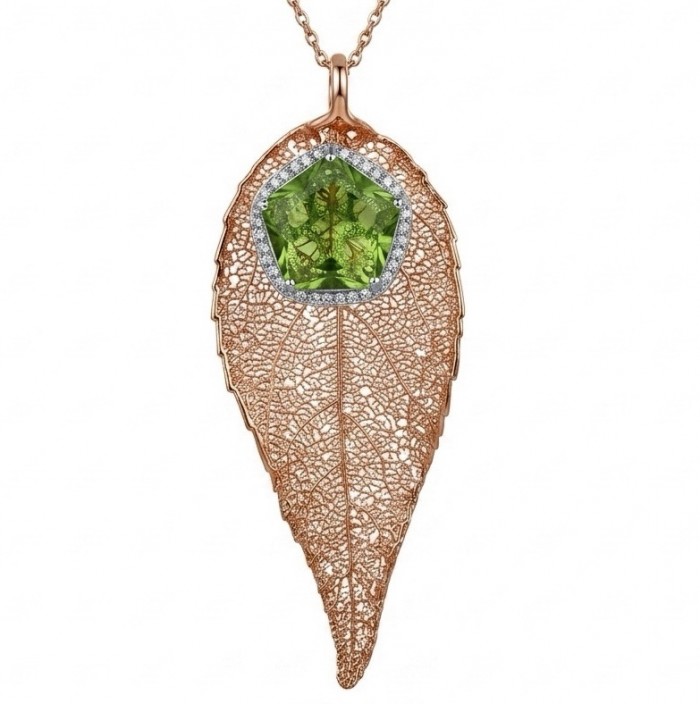 Stylish REAL Leaf dipped in Rose Gold 11.5 carat Garnet .925 Sterling Silver Pendant