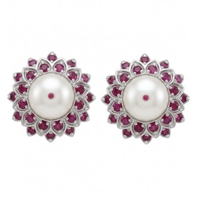 Classy Design - Genuine Pearl Ruby rhodium over .925 Sterling Silver handcrafted Statement Large Earrings