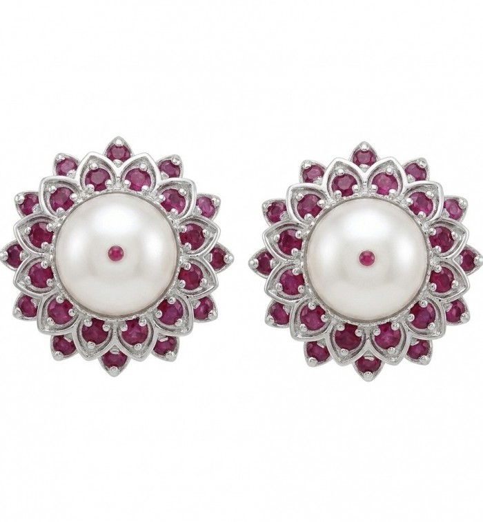 Classy Design - Genuine Pearl Ruby rhodium over .925 Sterling Silver handcrafted Statement Large Earrings