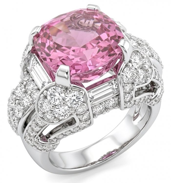 Anastasia 10.2 carat Pink Sapphire .925 Sterling Silver dipped in Rhodium Handcrafted Statement Ring size 8 - video