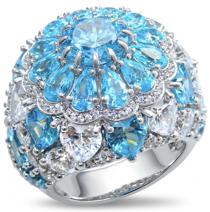 Blue Cascade Natural 14.8 carat Swiss Blue Topaz .925 Sterling Silver dipped in rhodium handmade Large Statement Ring size 6