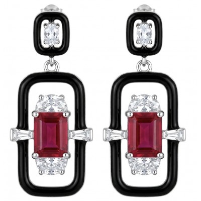 Art Deco - 4.5 carat Ruby enamel .925 Sterling Silver handcrafted incredible earrings