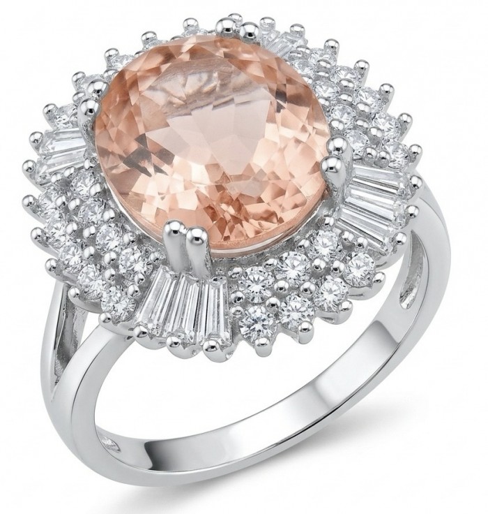 Authentic oval cut 9.2 carat Morganite 14K White Gold over .925 Sterling Silver ring s. 7 1/2