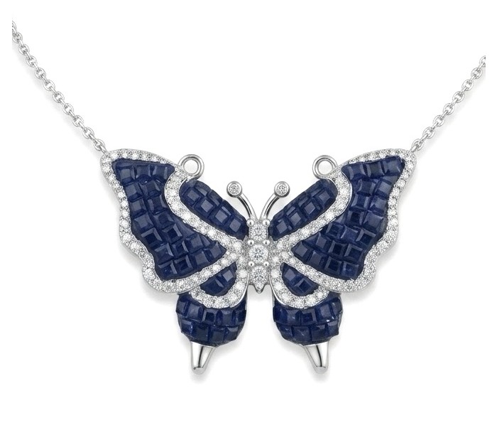 Precious Blue Butterfly mystery setting 14.2 carat natural Sapphire .925 Sterling Silver Necklace