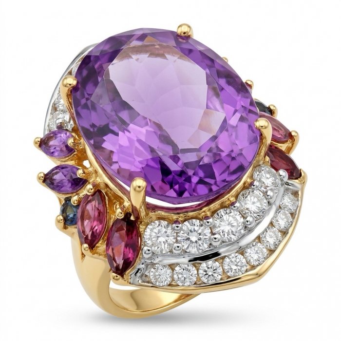 Purple Cascade 21.5 carat natural Amethyst 22K Gold over .925 Sterling Silver Handcrafted Ring size 7 - video