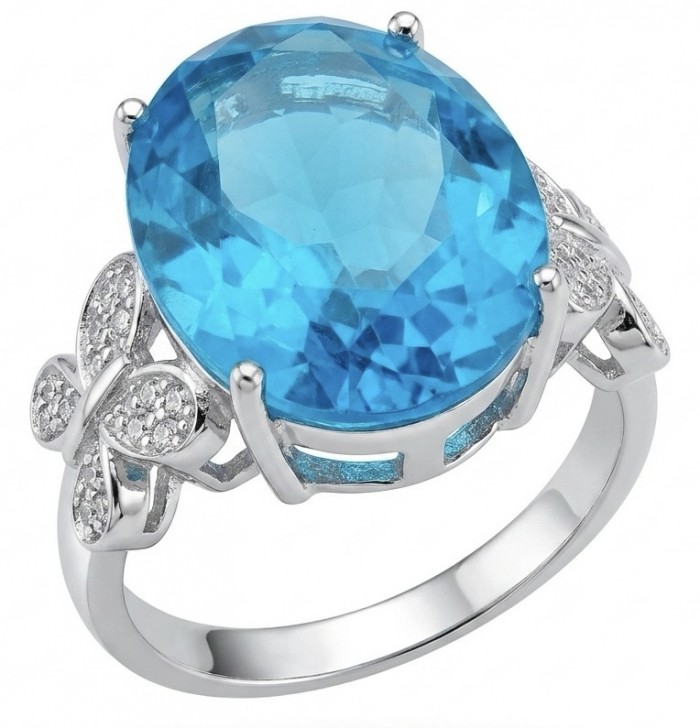 Paris Sky Blue 14.8 carat Swiss Blue Topaz .925 Sterling Silver dipped in rhodium handcrafted ring size 7 3/4