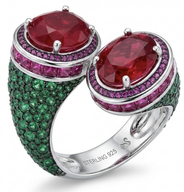 Giovanna Natural 8.6 carat Ruby pave Emerald .925 Sterling Silver dipped rhodium handmade Statement Ring size 8 - video