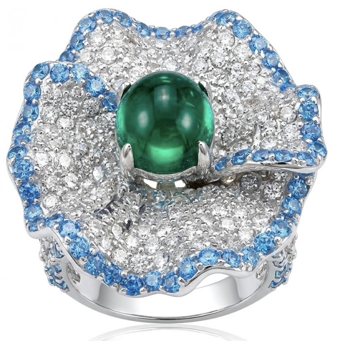 Exotica 5.2 carat natural Emerald rhodium over .925 Sterling Silver Perfectly handcrafted Ring s. 6