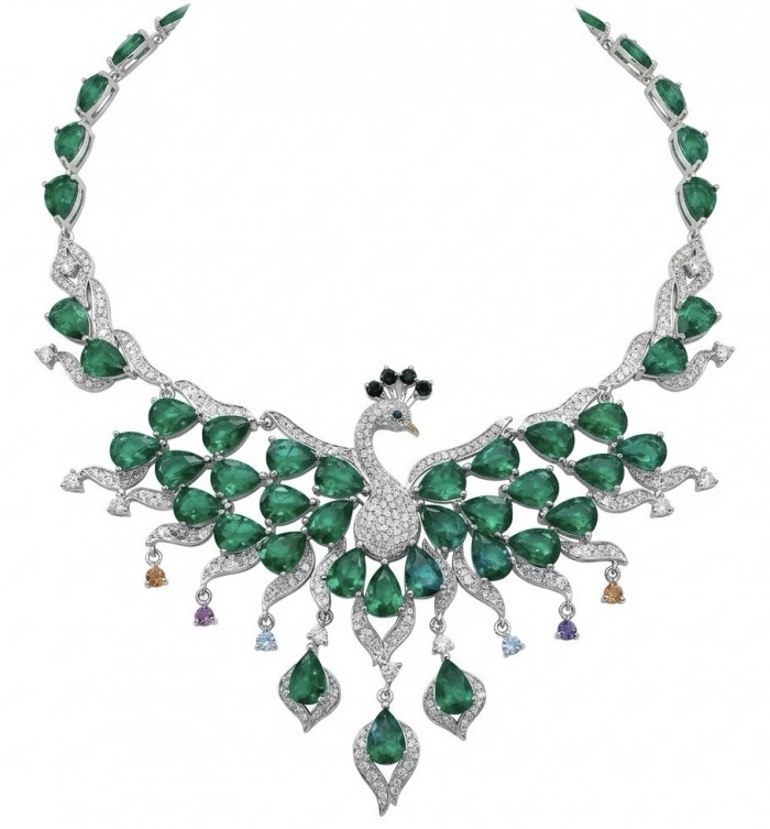 65.2 carat Graceful Peacock Natural Colombian Emerald .925 Sterling Silver handcrafted Statement necklace