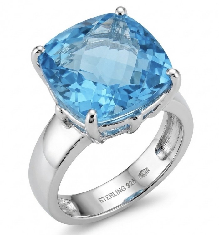 Fancy Princess cut 15.8 carat Swiss Blue Topaz .925 Sterling Silver dipped in rhodium handcrafted Large ring size 6