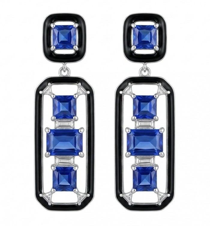 Art Deco 11.5 carat Sapphire black enamel .925 Sterling Silver handcrafted earrings