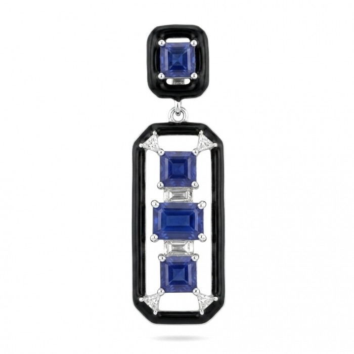 8.5 carat Art Deco Sapphire black enamel .925 Sterling Silver handcrafted Pendant