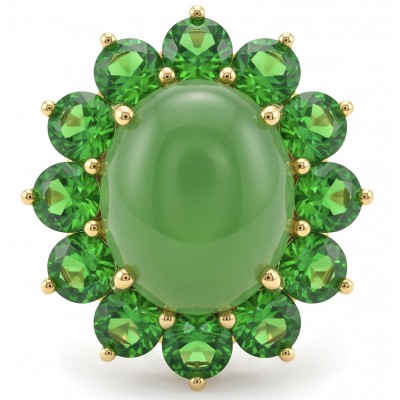 Rare! Fiammetta oval cut 18.2 carat Green Tourmaline Tsavorite Garnet .925 Sterling Silver dipped in 22k Gold entirely handmade Ring size 7
