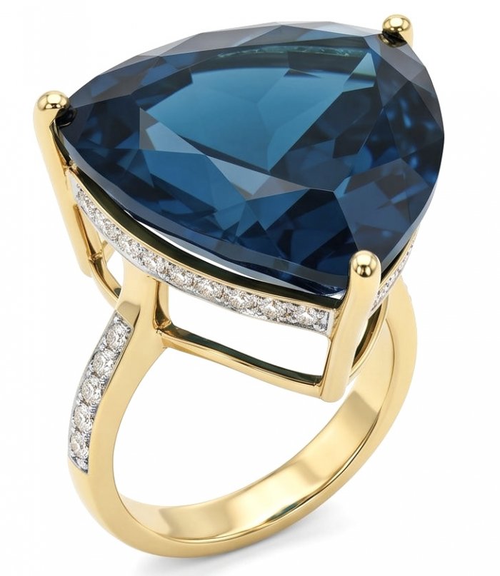 Atlantica rare trillion cut 10.9 carat authentic London Blue Topaz 22K Gold over .925 Sterling Silver Handcrafted Ring size 6 1/4 - video