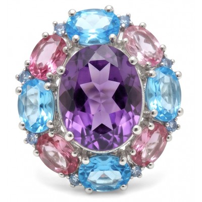 Francesca TOP QUALITY Genuine 33.7 carat Brazilian Amethyst rhodium over .925 Sterling Silver handcrafted Statement Ring size 7 1/4