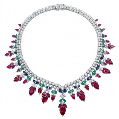 RARE BEAUTY! Valentina 55.2 carat Ruby Emerald Sapphire .925 Sterling Silver dipped in rhodium Statement Necklace